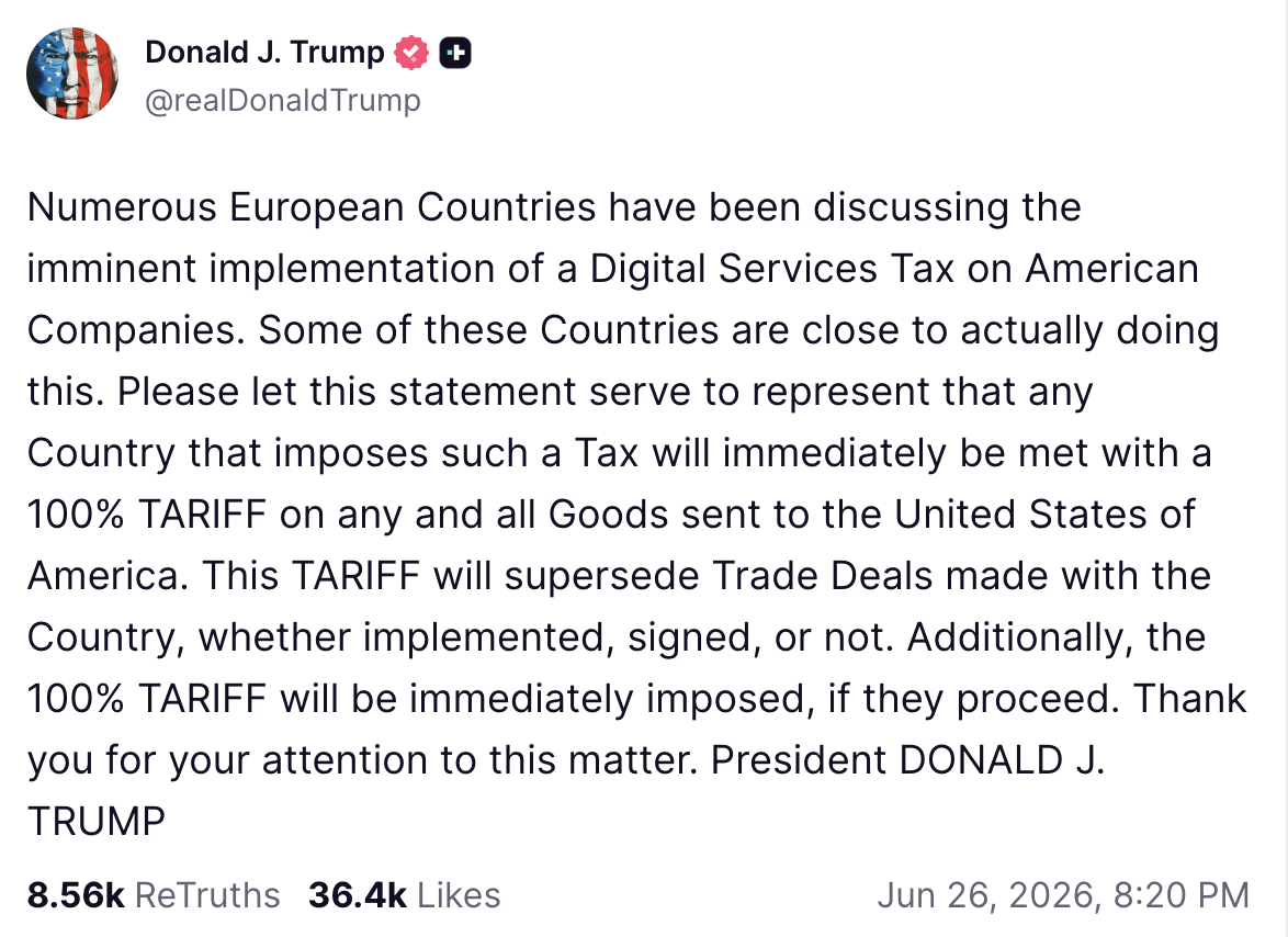 Trump Threatens 100% Tariff on Any Country Imposing a Digital Tax on US Companies