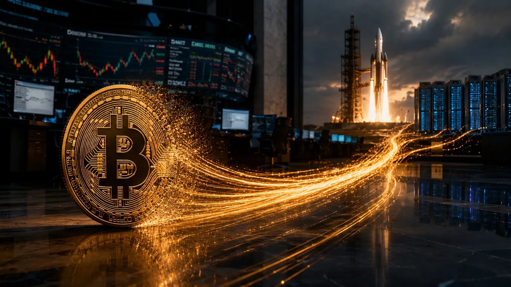 عملة بيتكوين ذهبية تتلاشى تدريجيًا إلى تدفقات ضوئية تمثل خروج رأس المال داخل قاعة تداول مالية حديثة، بينما ينطلق صاروخ في الخلفية بجوار بنية تحتية تقنية متقدمة، في مشهد يرمز إلى انتقال الاستثمارات نحو الذكاء الاصطناعي والفضاء.