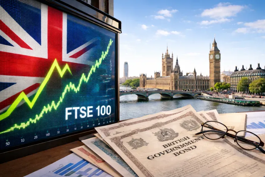 UK Stocks Hit Record Highs Despite Slowing Growth as Bond Yields Fall and Easing Bets Rise