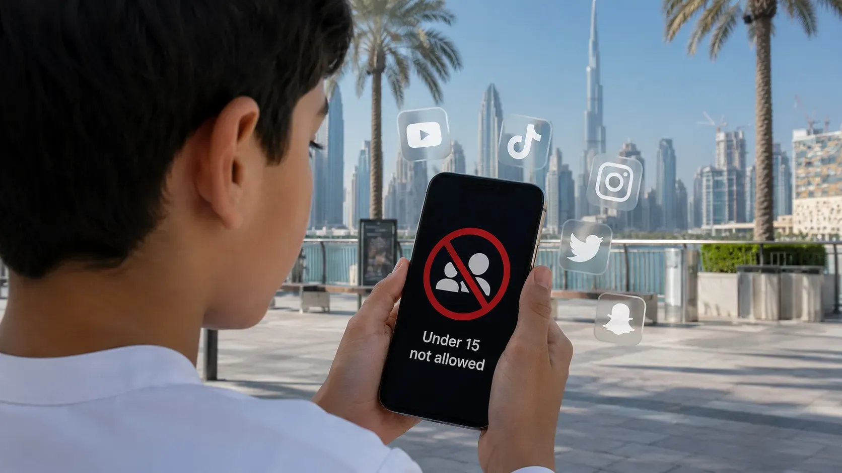 AI-generated illustration depicting a child using a smartphone in Dubai as the UAE introduces social media age restrictions for users under 15.